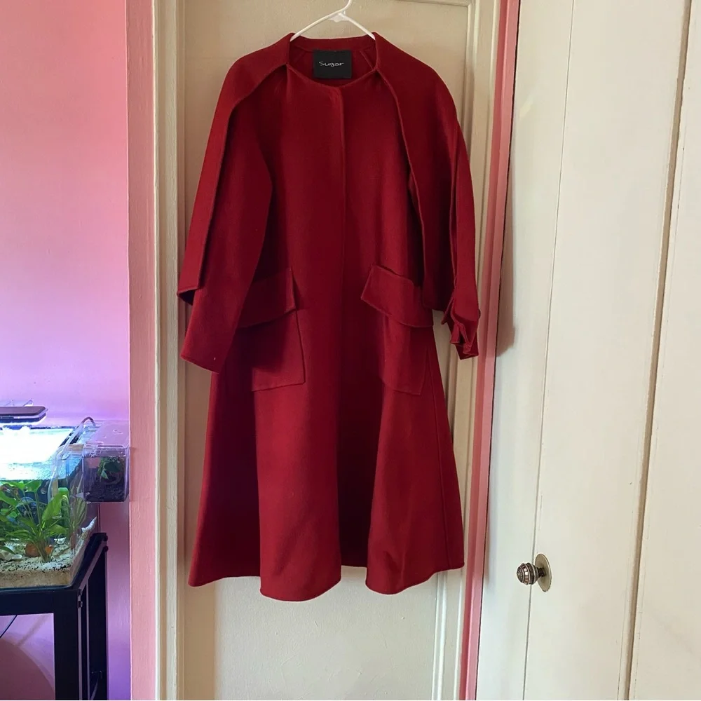 Red Long Length Felt A-Line Coat with Attached Scarf Wrap Panels